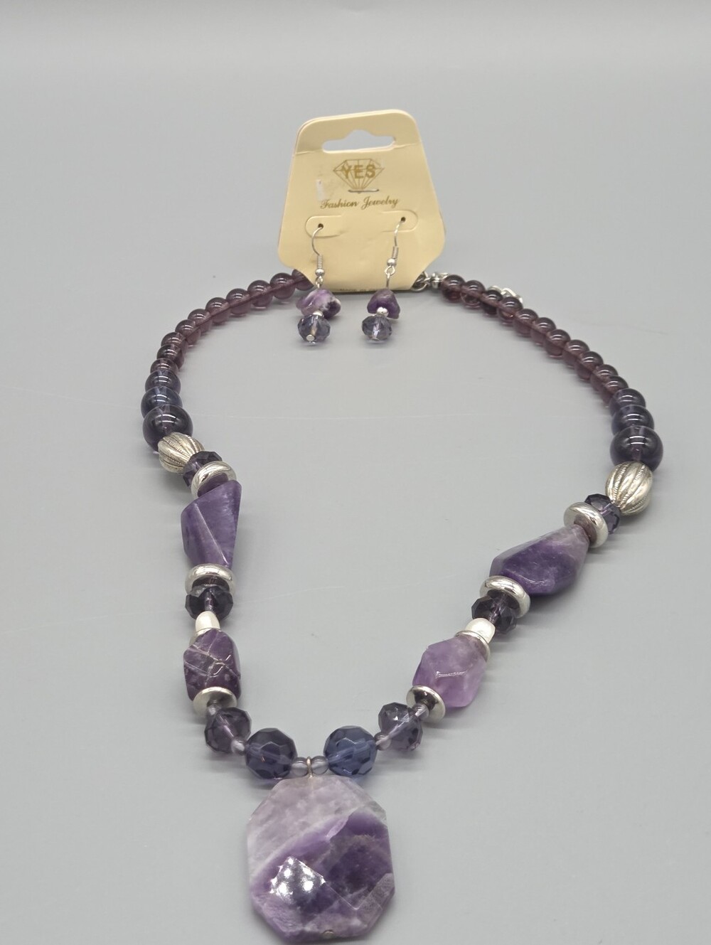 Purple Amethyst Stone Pendant Necklace & Earrings - Women Jewelry